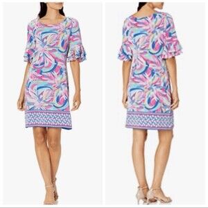 Pappagallo Victoria Preppy Pastel Abstract Print 3/4 Ruffle Sleeve Shift Dress M